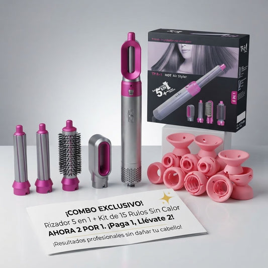 Combo Pro-Styler: Cepillo Multifunción 5 en 1 + Kit de 15 Rulos Sin Calor ¡Llévalos Ambos por el Precio de 1 + Envío Gratis!