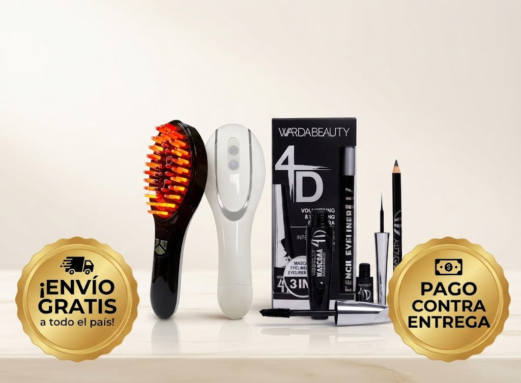 Combo Capilar & Maquillaje 4D: Cepillo Fototerapia LED + Kit Completo de Pestañina y Delineador