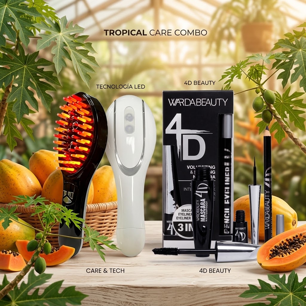 Combo Capilar & Maquillaje 4D: Cepillo Fototerapia LED + Kit Completo de Pestañina y Delineador