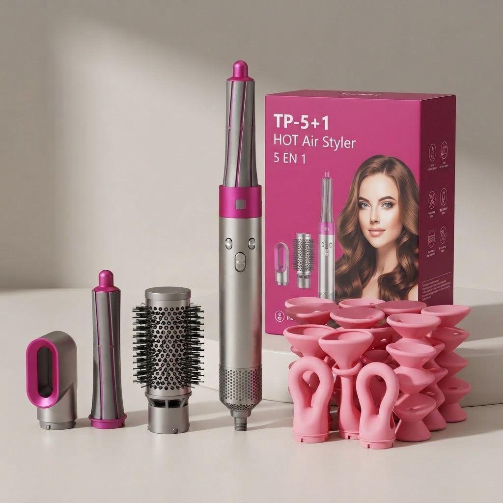 Combo Pro-Styler: Cepillo Multifunción 5 en 1 + Kit de 15 Rulos Sin Calor ¡Llévalos Ambos por el Precio de 1 + Envío Gratis!