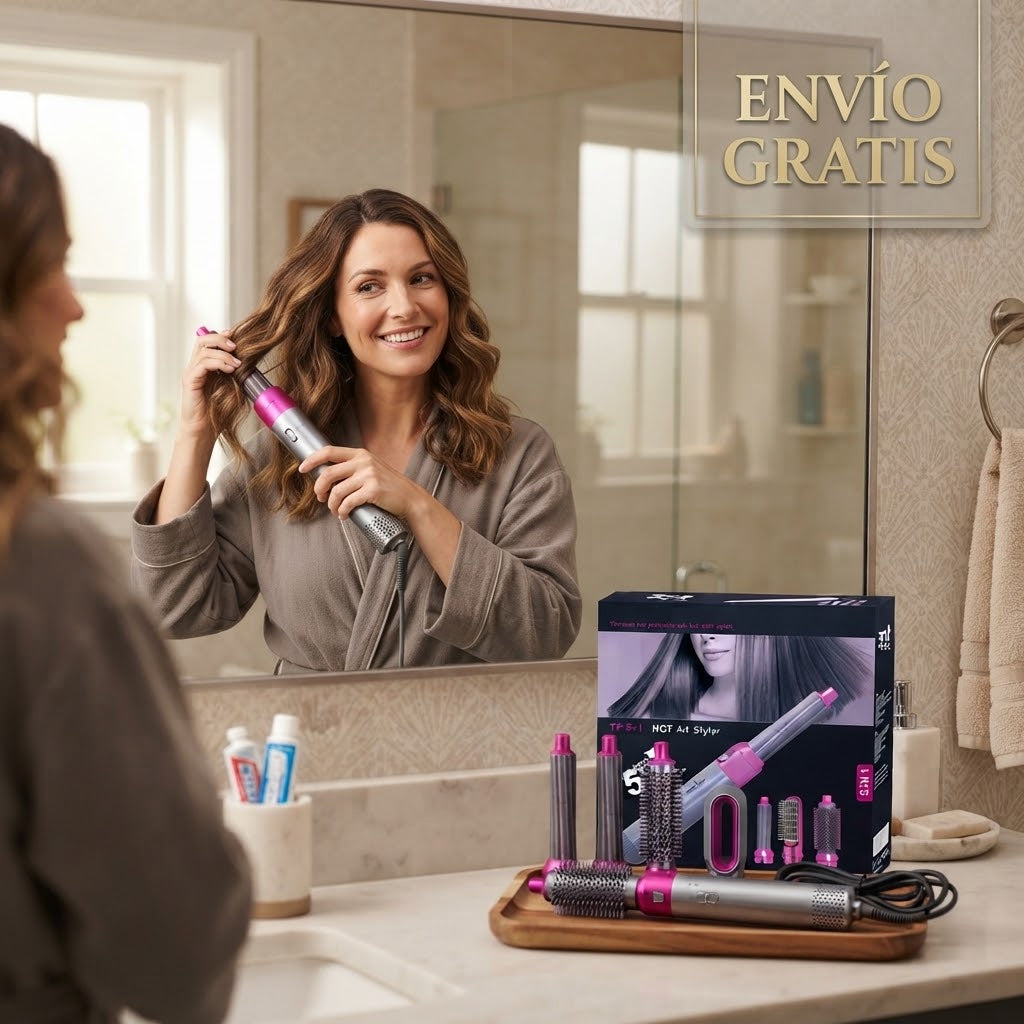 Combo Pro-Styler: Cepillo Multifunción 5 en 1 + Kit de 15 Rulos Sin Calor ¡Llévalos Ambos por el Precio de 1 + Envío Gratis!